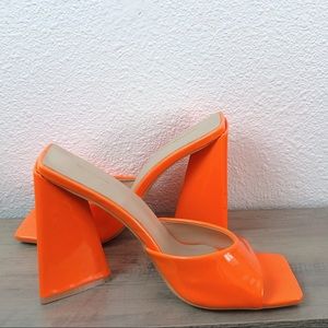 Pretty Little Thing Open Toe Orange Sandal Slip On Geometric Chunky Heels